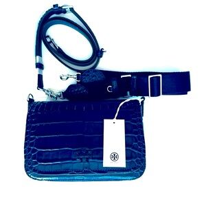 NWT Tory Burch Navy Croc Embossed Crossbody Bag with 2 Adjustable Straps